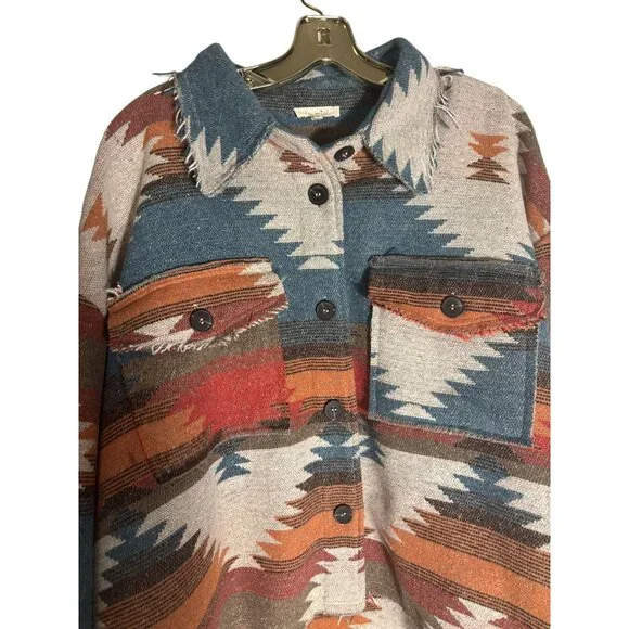 Southwestern Style Button-Down Cropped Jacket With Frayed Hem & Pockets - Picture 2 of 14